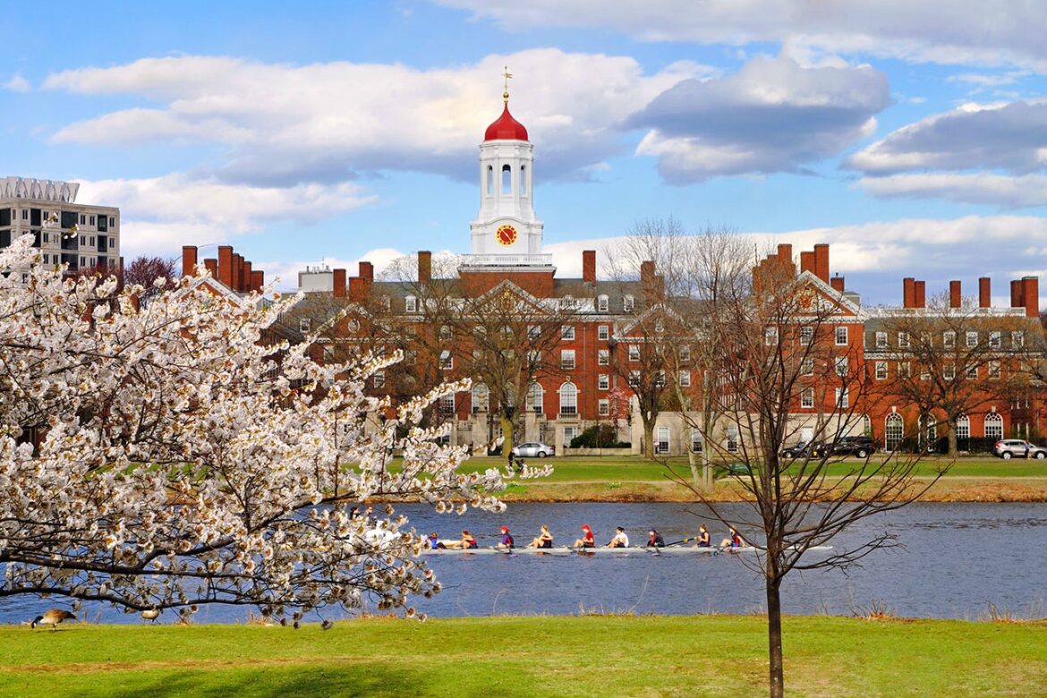 Harvard University campus with iconic buildings, including Harvard Yard and Memorial Church, representing its rich academic history and modern innovations.
