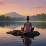 A serene person sitting cross-legged in meditation outdoors, surrounded by nature, symbolizing spiritual calm and inner peace.