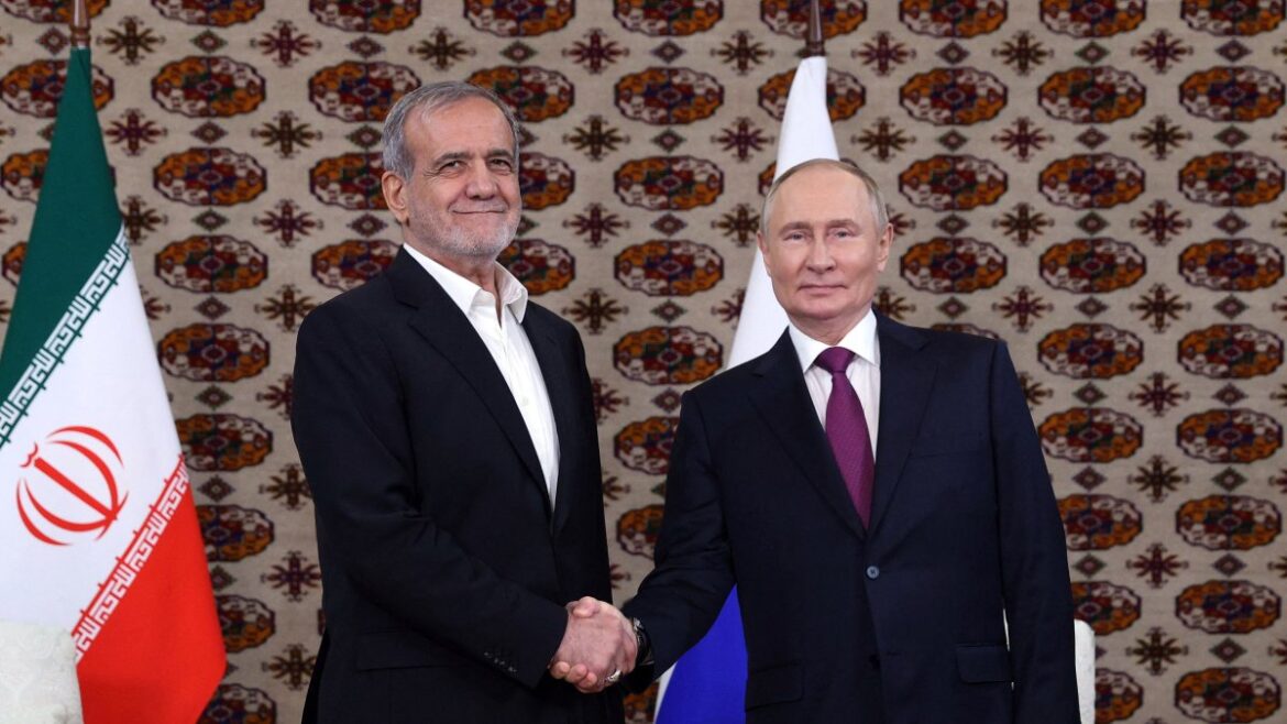 Russian and Iranian leaders meeting at a diplomatic summit.