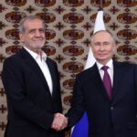 Russian and Iranian leaders meeting at a diplomatic summit.