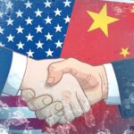 Illustration of US and China flags with economic graphs and geopolitical maps, symbolizing bilateral trade truce and tensions in 2026.