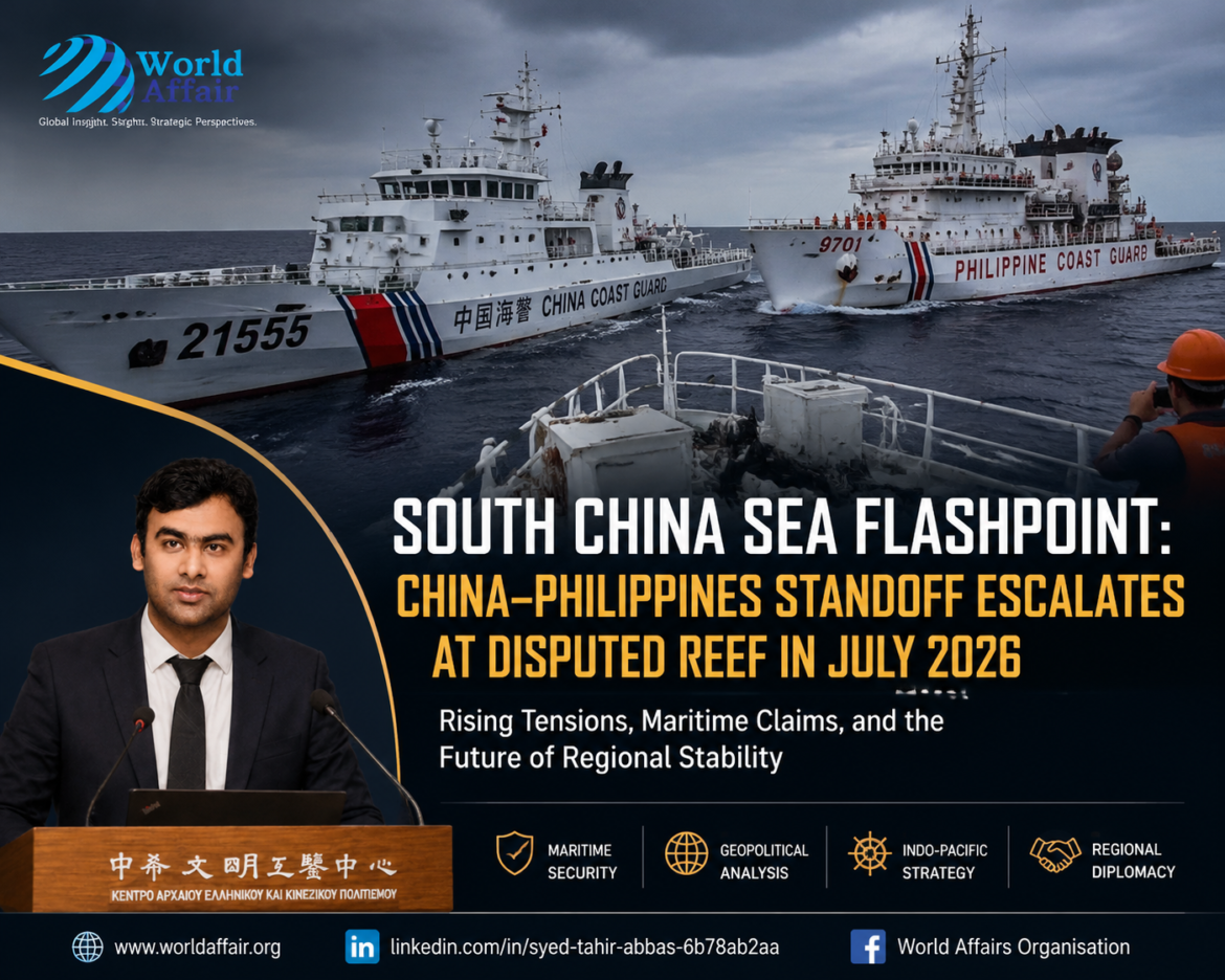 Chinese Coast Guard and Philippine vessels near disputed reef in South China Sea, July 2026