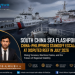 Chinese Coast Guard and Philippine vessels near disputed reef in South China Sea, July 2026